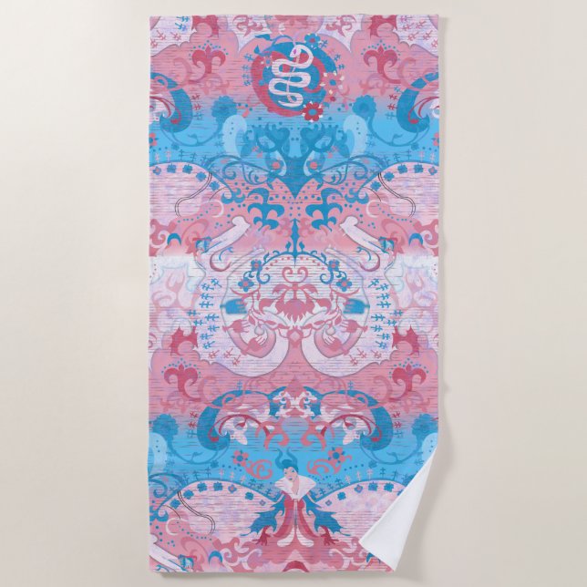 Transgender Dragon Damask - Trans Pride Flag Colou Beach Towel (Front)