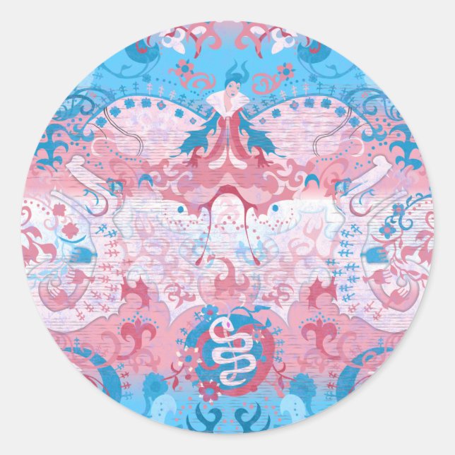 Transgender Dragon Damask - Trans Pride Flag Colou Classic Round Sticker (Front)
