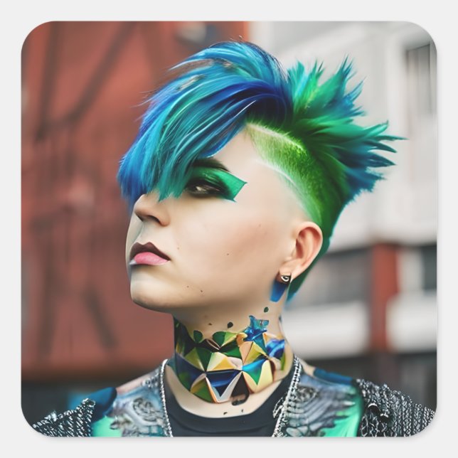 Transgender Person with Blue and Green Mohawk Square Sticker (Front)
