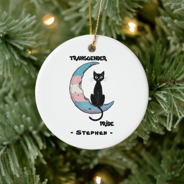 Transgender Pride – Black Cat on Trans Flag Moon Ceramic Tree Decoration (Tree)