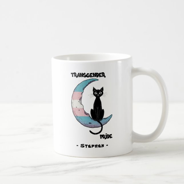 Transgender Pride – Black Cat on Trans Flag Moon L Coffee Mug (Right)