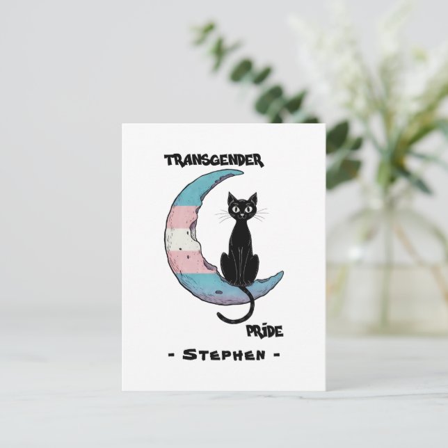Transgender Pride – Black Cat on Trans Flag Moon Postcard (Standing Front)