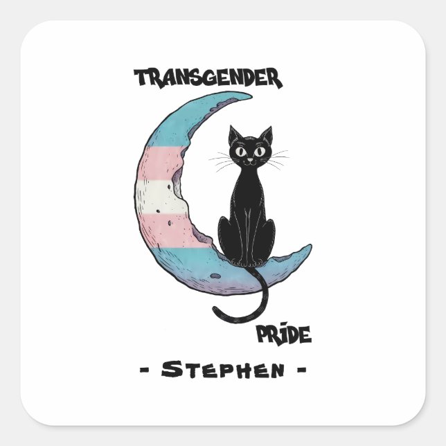 Transgender Pride – Black Cat on Trans Flag Moon Square Sticker (Front)