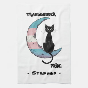 Transgender Pride – Black Cat on Trans Flag Moon Tea Towel