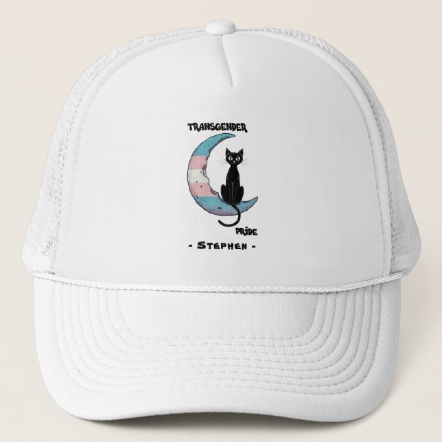 Transgender Pride – Black Cat on Trans Flag Moon Trucker Hat (Front)