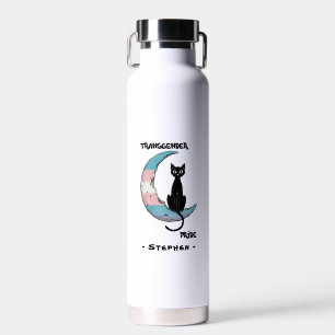 Transgender Pride – Black Cat on Trans Flag Moon Water Bottle