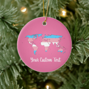 Transgender pride flag with a world map ceramic o ceramic tree decoration