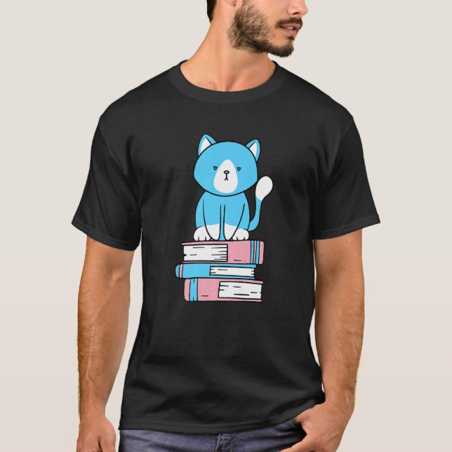 Transgender Subtle Pride Cute Cat Book Pile Trans  T-Shirt (Front)