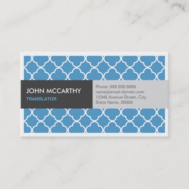 Translator - Modern Blue Quatrefoil Business Card (Front)