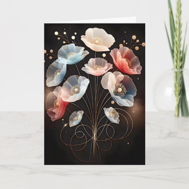 Translucent Birthday Poppies On Black Card (Front)