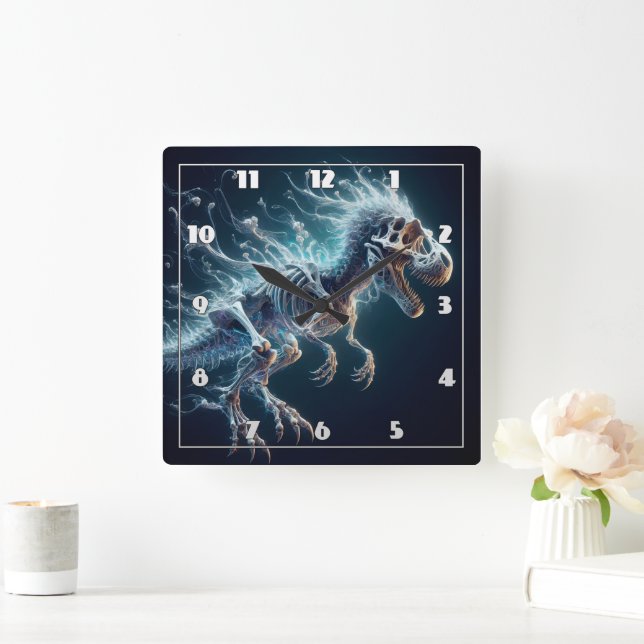 Translucent Dinosaur Skeleton Glowing in Darkness Square Wall Clock (Home)