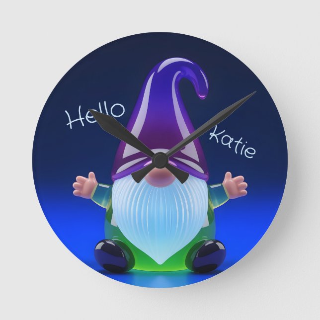Translucent Glass Gnome Figurine with Custom Name Round Clock (Front)