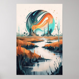 Translucent Marshscape: Futuristic Watercolor Pain Poster