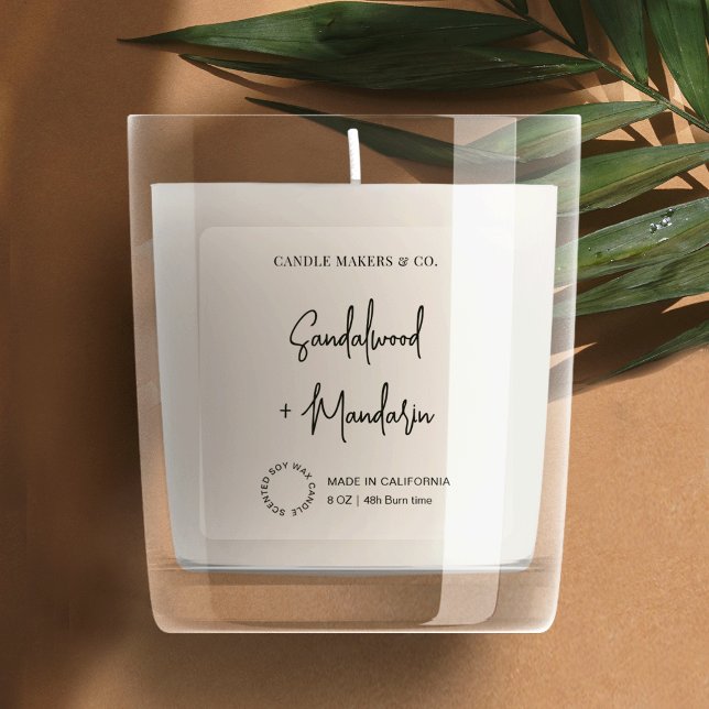 Translucent Modern Clear Candle Jar Square Label (Minimalist transparent square product label featuring trendy script font and a simple layout)