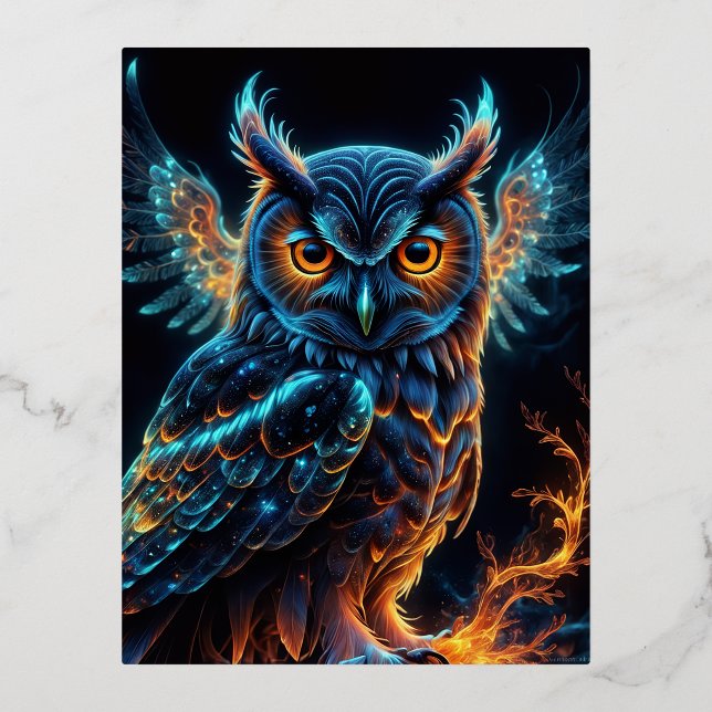 Translucent owl, glowing, luminism, bioluminescen foil holiday postcard (Front)