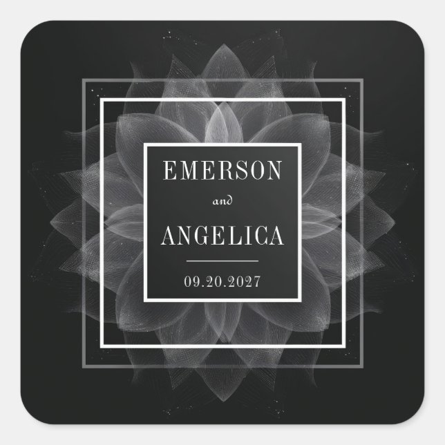 Translucent Petal Mandala on Black Elegant Wedding Square Sticker (Front)