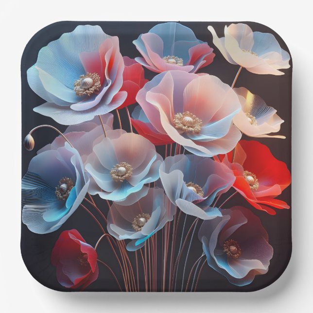 Translucent Poppies On Black Paper Plate (Front)