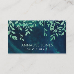 Translucent teal leaves on painted texture business card