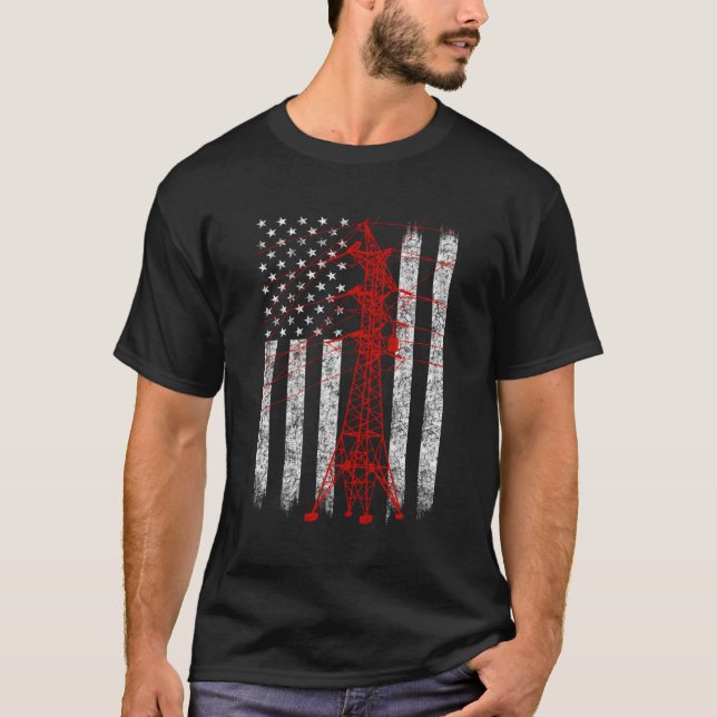 Transmission Tower American Flag Line T-Shirt (Front)
