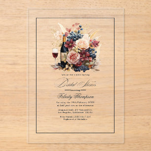 Transparent Acrylic Wine and Floral Bridal Shower Acrylic Invitations
