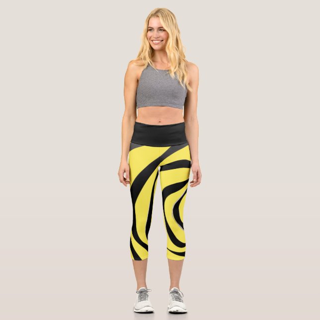 Transparent black spiral on yellow background capri leggings (Front)