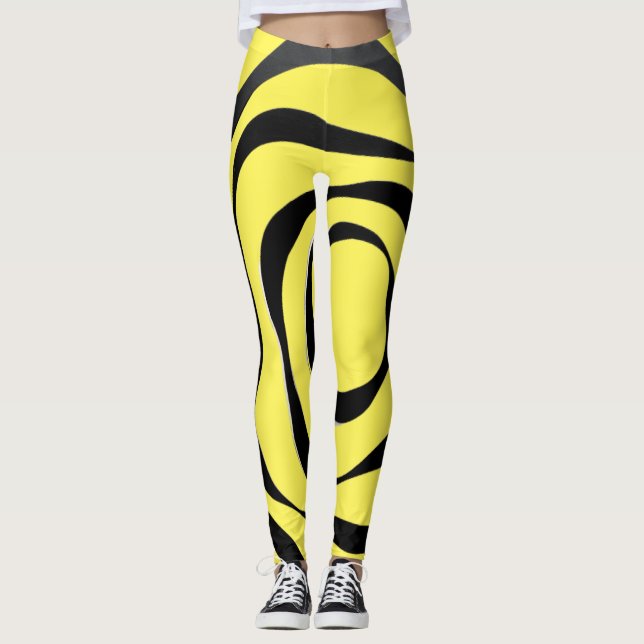 Transparent black spiral on yellow background leggings (Front)