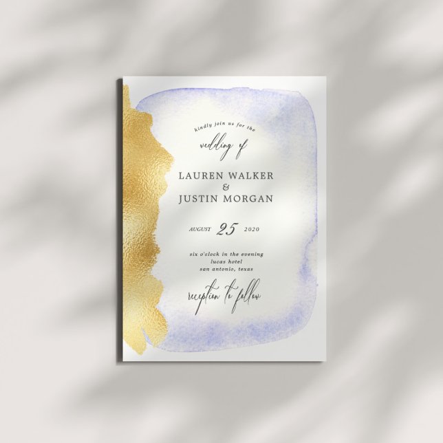 Transparent Blue Watercolor Gold Faux Foil Wedding Invitation (Creator Uploaded)