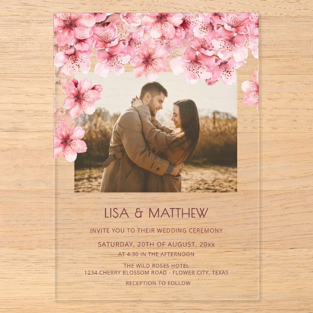  Transparent Cherry Blossom Photo Wedding Acrylic Invitations (Front)