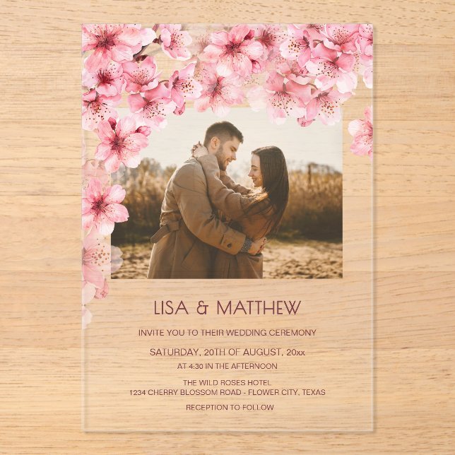  Transparent Cherry Blossom Photo Wedding Acrylic Invitations (Front)