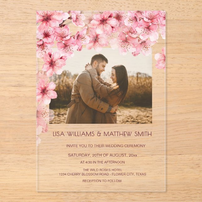  Transparent Cherry Blossom Photo Wedding Acrylic Invitations (Front)
