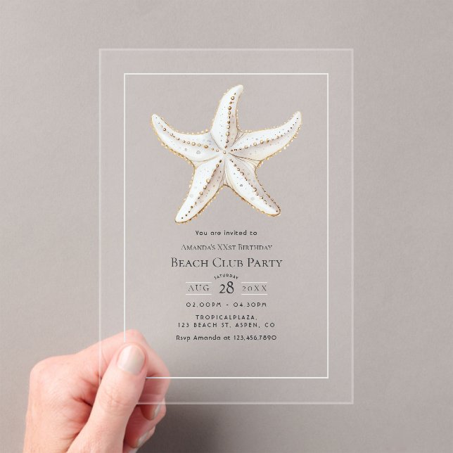 Transparent Coastal Chic Beach Club Birthday Party Acrylic Invitations (Insitu (Handheld))