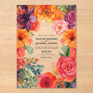 Transparent Colourful Floral Mexican Fiesta Weddin Acrylic Invitations