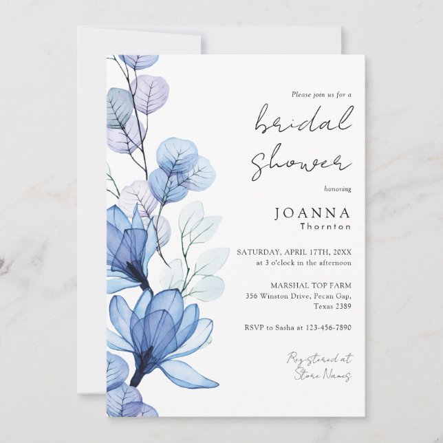 Transparent Dusty Blue Floral Bridal Shower Invitation (Front)