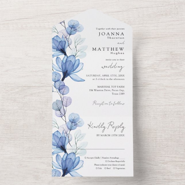 Transparent Dusty Blue Floral Monogram Wedding All In One Invitation (Inside)