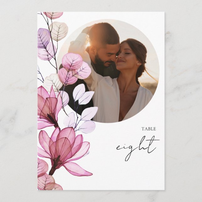 Transparent Dusty Rose Floral Photo Table Number (Front)