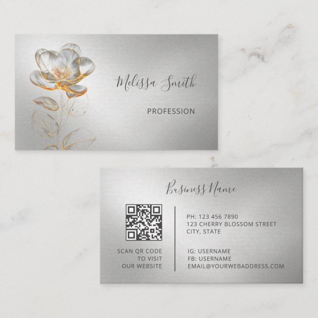 Transparent Gold Flower Silver Business Card (Front/Back)
