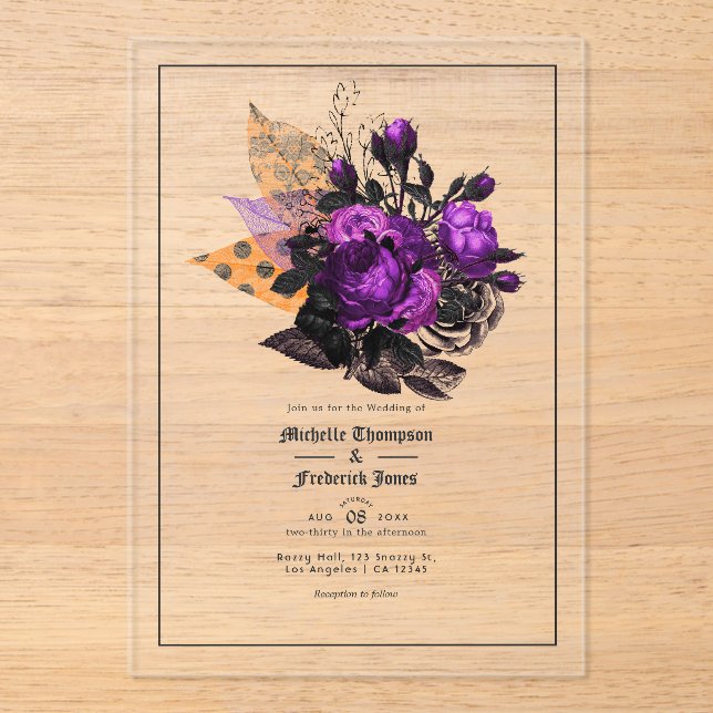 Transparent Gothic Purple Rose Wedding Acrylic Invitations (Front)