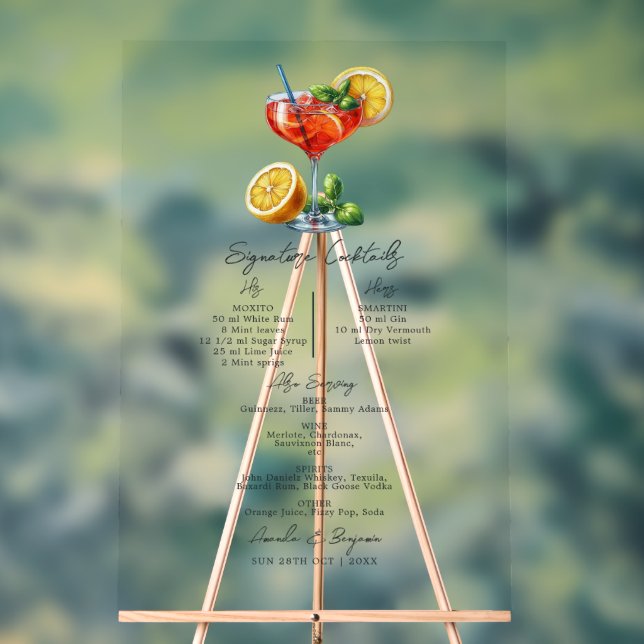 Transparent Italian Wedding Signature Cocktails Acrylic Sign (Neutral)