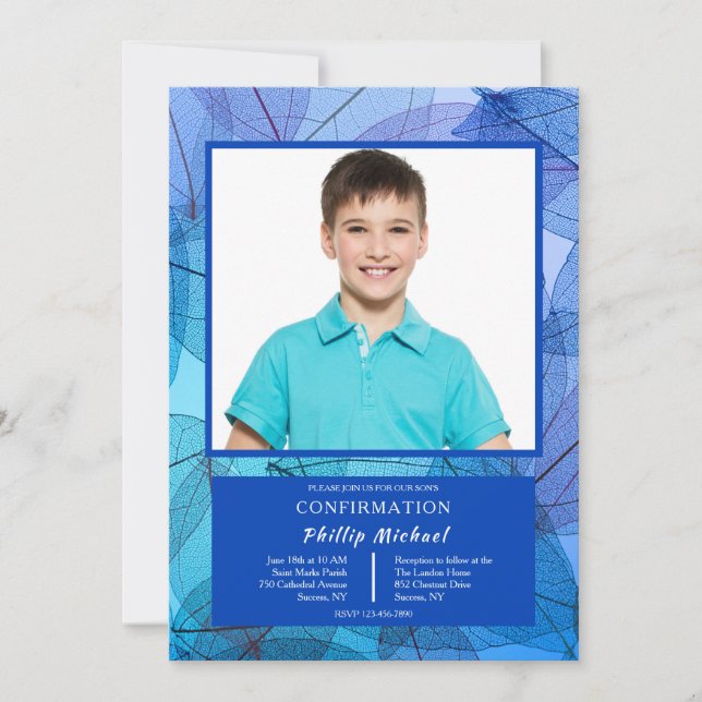 Transparent Leaves Blue Photo Invitation (Front)