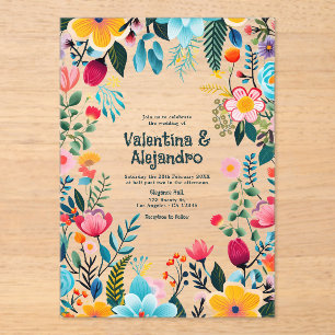 Transparent Mexican Fiesta Flowers Wedding Acrylic Invitations