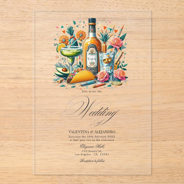 Transparent Mexican Fiesta Tequila & Tacos Wedding Acrylic Invitations (Front)