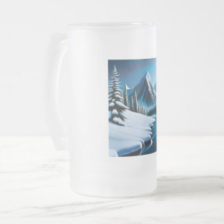 Transparent mug with a city made of ice as sticker