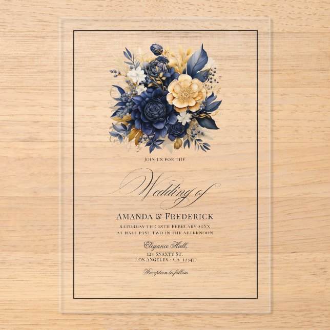 Transparent Navy Blue and Gold Floral Wedding Acrylic Invitations (Front)