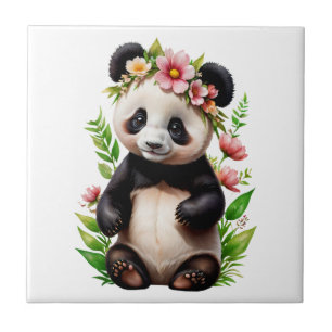 Transparent Panda Bear With Flowers Tile