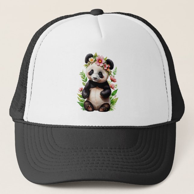 Transparent Panda Bear With Flowers Trucker Hat (Front)