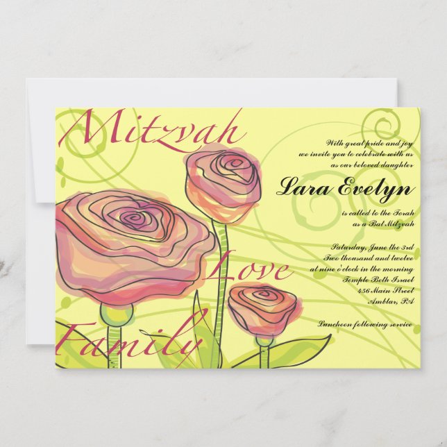 Transparent Roses Bat Mitzvah Invitation Invite (Front)