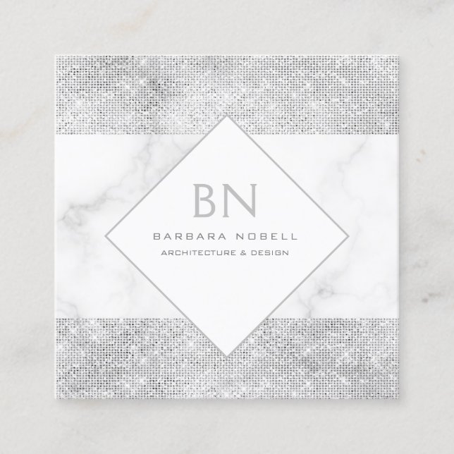 Transparent Shimmer Silver Marble Monogram Square Business Card (Front)