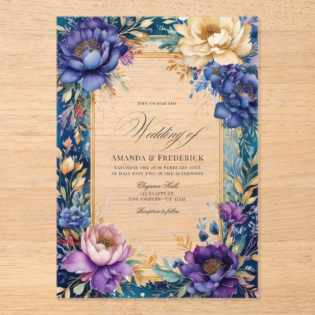 Transparent Teal, Purple, and Gold Floral Wedding Acrylic Invitations (Front)