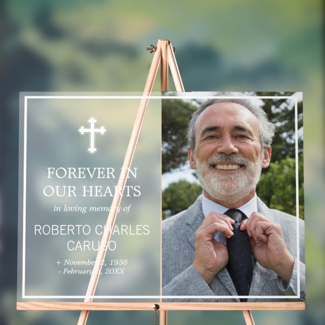 Transparent White Cross Photo In Loving Memory Acrylic Sign (Neutral)