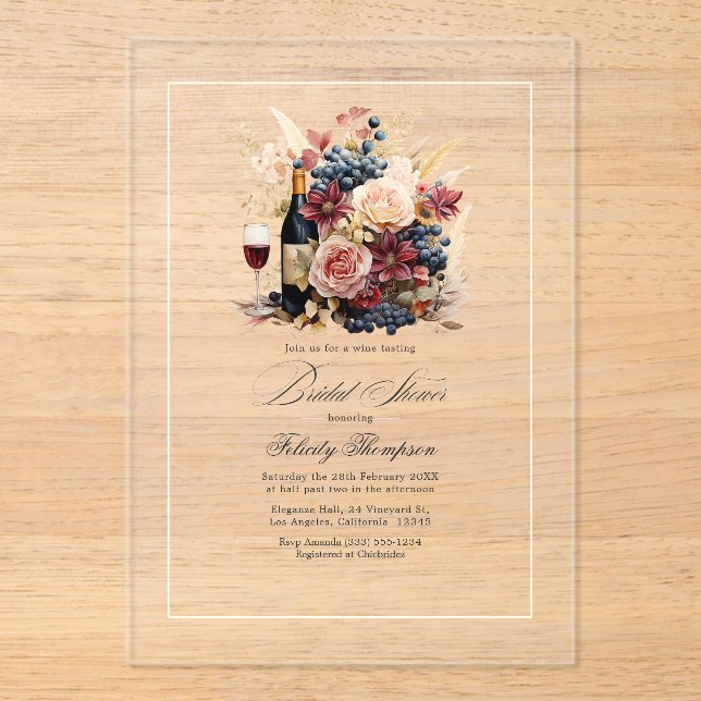 Transparent Wine Tasting Bridal Shower Acrylic Invitations (Front)